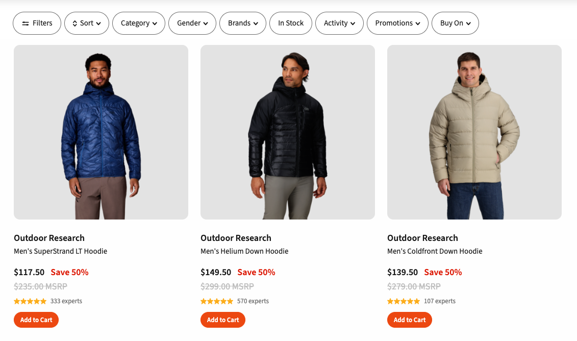 Product listing using larger product cards